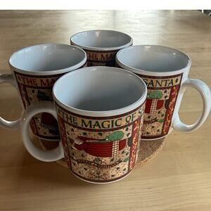 VINTAGE Sakura Debbie Mumm Magic Santa Christmas Mugs Set 4 1998 Folk Art Coffee